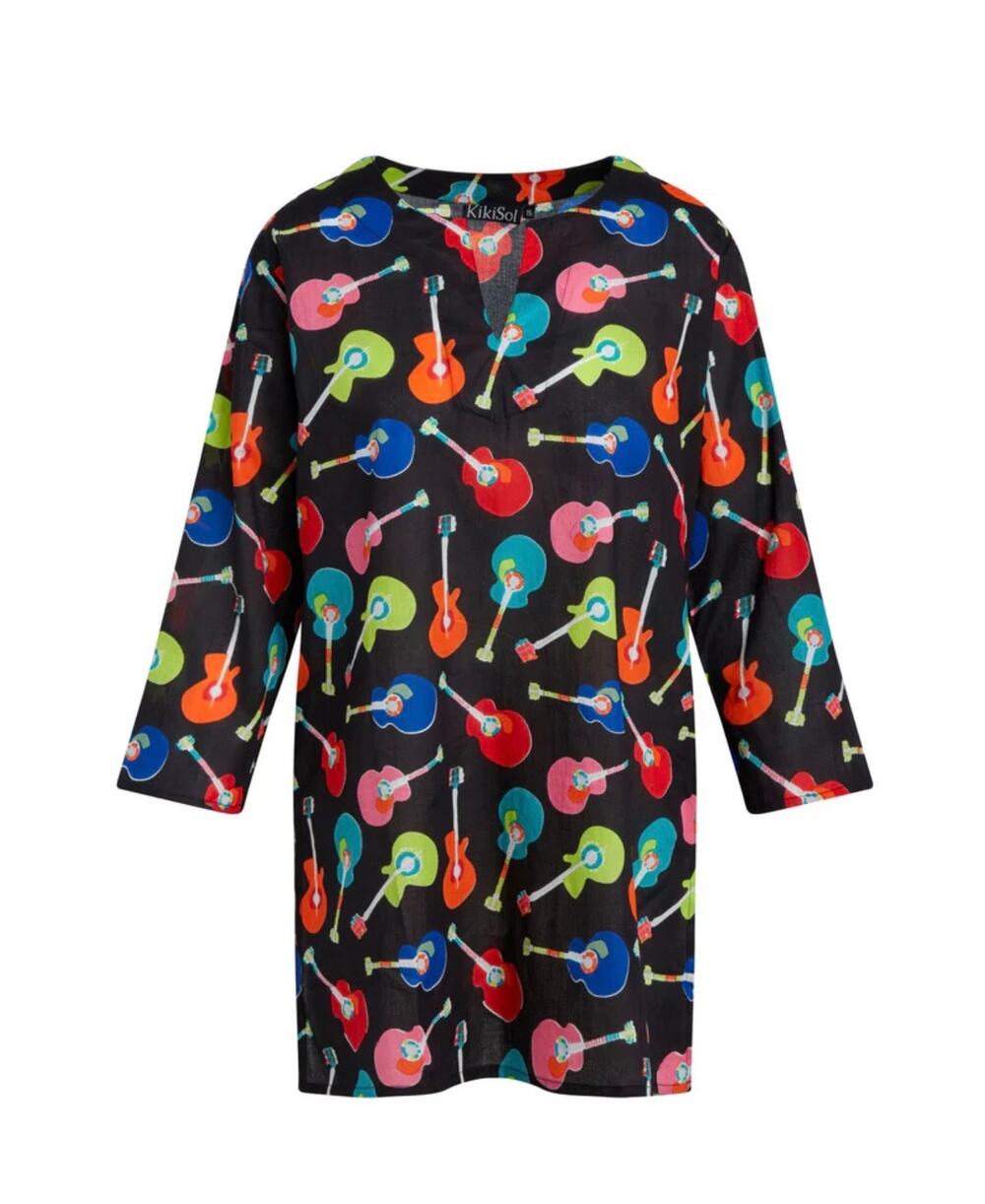 Kikisol Lightweight Cotton Tunic Top AOP Guitars Women's XL 3/4 Sleeves Music
